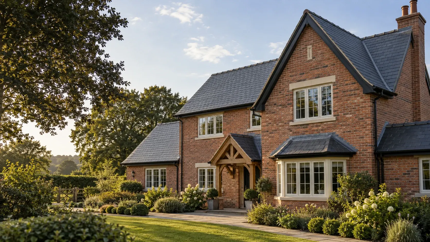 Red-brick house with a steep natural slate roof, a timber porch and a brick chimney, lit by low evening sun