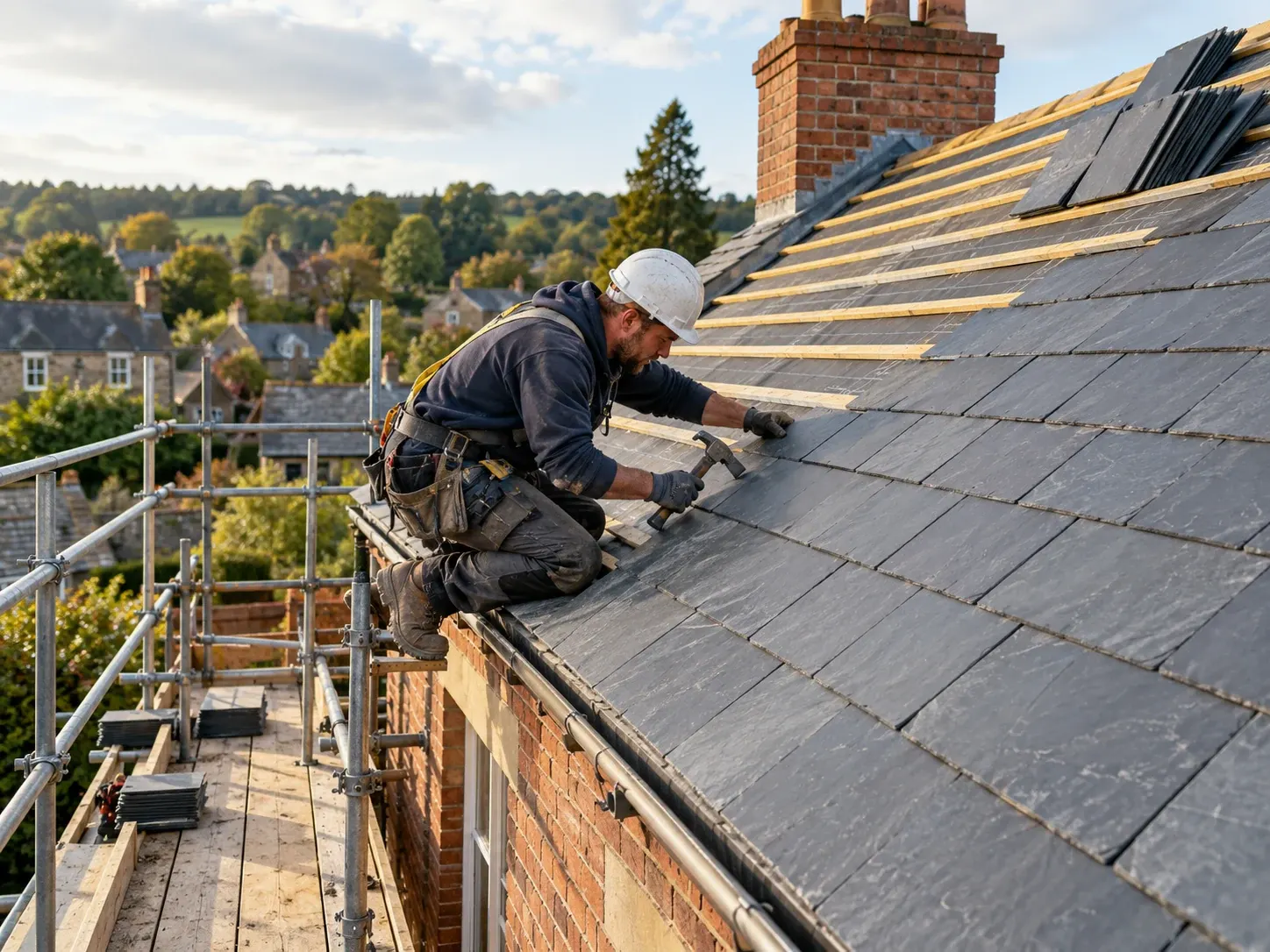 Roofer in a white helmet kneeling on a slate roof and fixing slates beside scaffolding