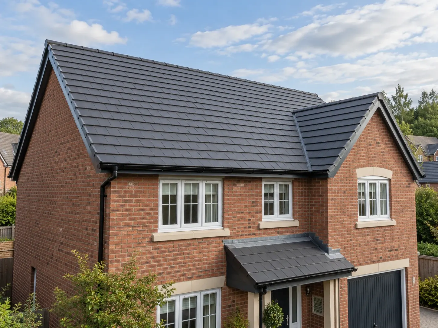 Detached brick house with a new dark concrete tile roof, gable end and tiled porch canopy