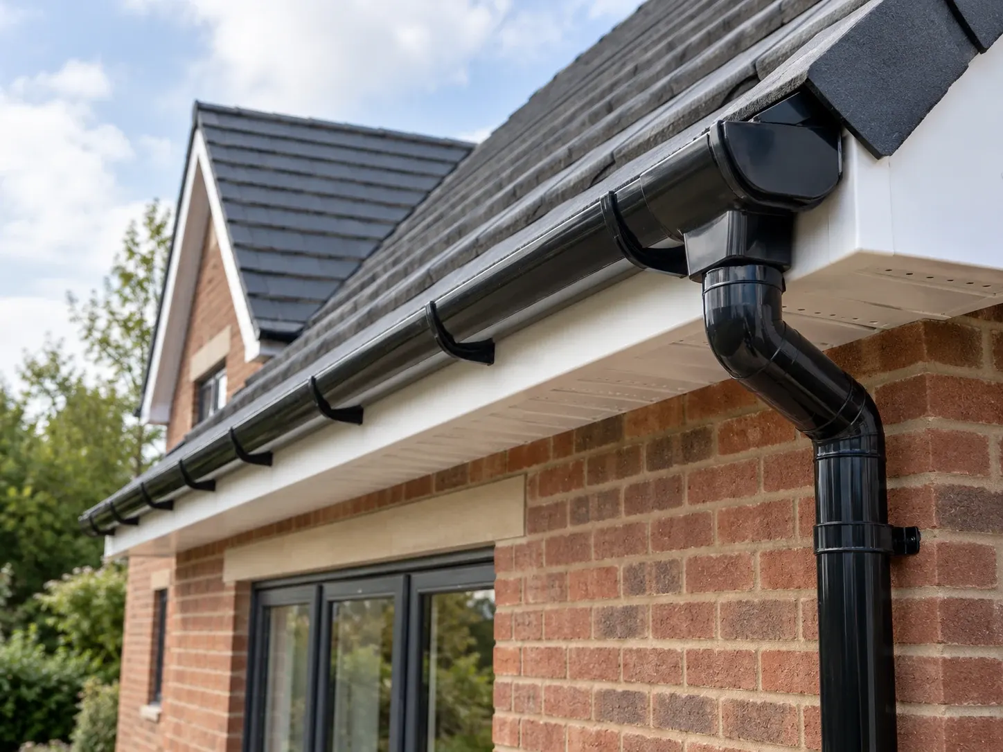 Black half-round guttering and downpipe fixed beneath white fascias and soffits on a brick house