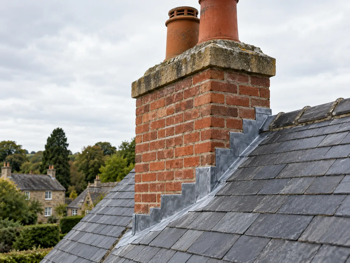 Brick chimney with stepped lead flashing where it meets a slate roof