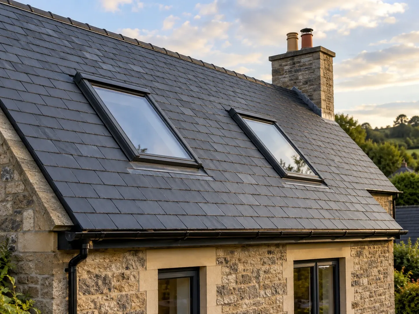 Two roof windows set into a natural slate roof above a stone-built house