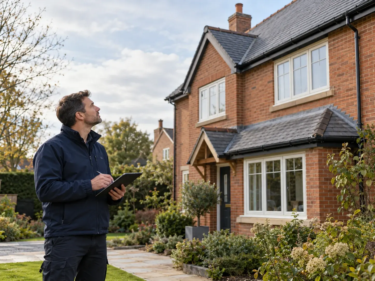 Man in a navy jacket holding a tablet and looking up at the roof of a brick house during an inspection
